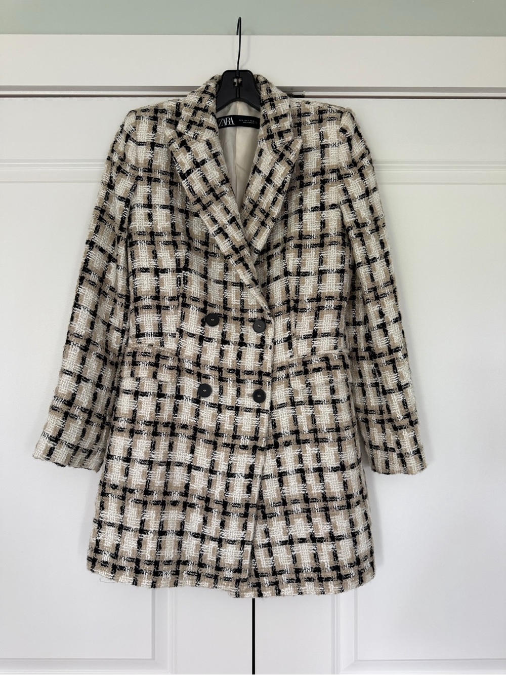 Zara Cream, Black & Tan Plaid Tweed Double-Breasted Blazer Coat